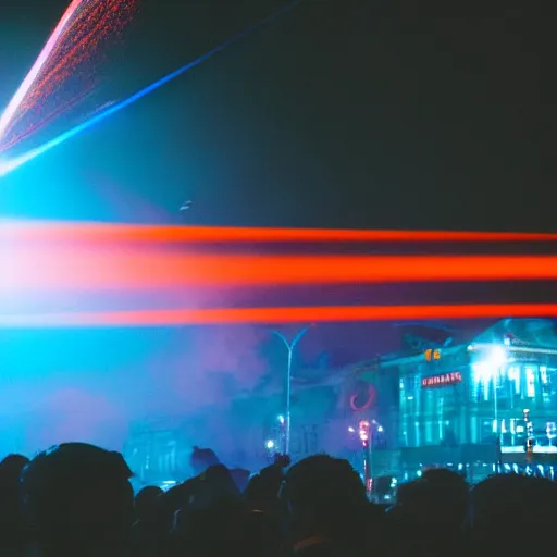 Image similar to giant group bodies, smoke lasers, darkness, from behind, wide angle, elaborate, smoke, red dot, orange line, blue mist, highly detailed, beautiful lighting