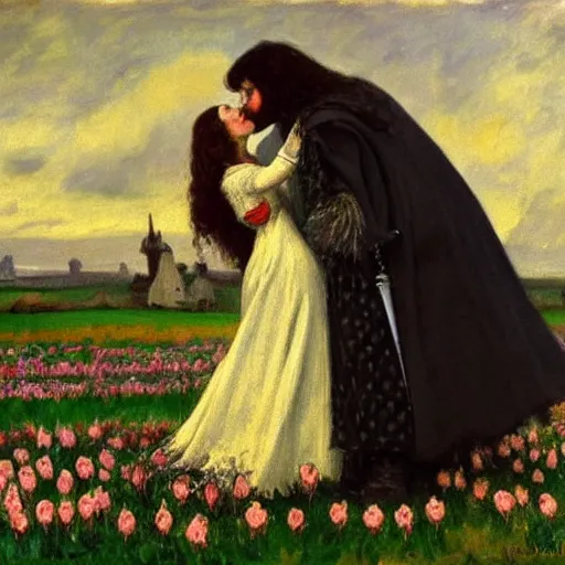 Image similar to hagrid the viking and morticia addams kiss in a field of tulips, masterpiece, highly detailed, oil on canvas, art by walter sickert, john singer sargent, and william open