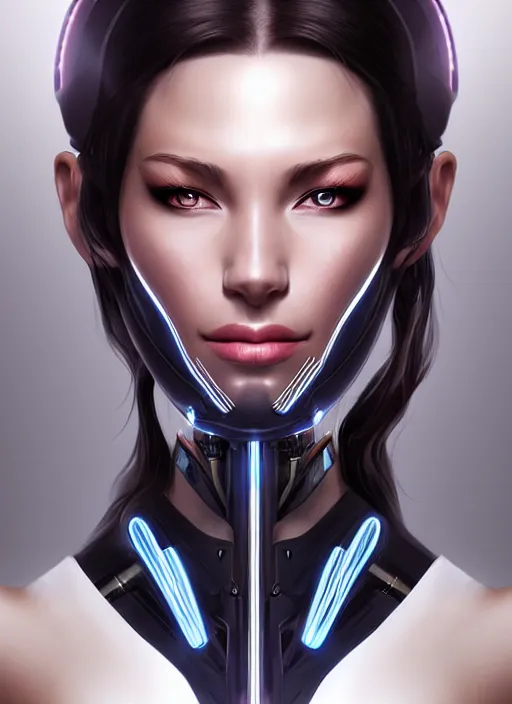 Image similar to portrait of a cyborg woman by Artgerm, (((((face turns left))))) ((((((((((face turns right)))))))))), eyes closed , biomechanical, hyper detailled, trending on artstation