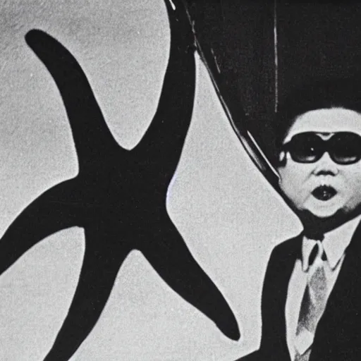 Image similar to rare vintage footage of a Kaiju Starfish monster overshadowing Kim Jong-il, obscured underexposed view