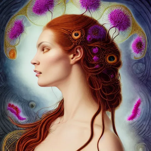 Image similar to facial portrait of a young gorgeous woman in flowing sensual dress, arrogant, long fine flowing hair, delicate, looking at camera, slightly awkward smile, realistic face, hands behind back, stylish, elegant, grimdark fantasy, flowers, extremely detailed painting inspired by Gerald Brom and Ernst Haeckel and Kaluta, studio lighting