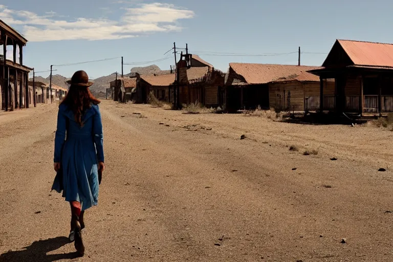 Prompt: dolores, west world, walking through an abandoned western town