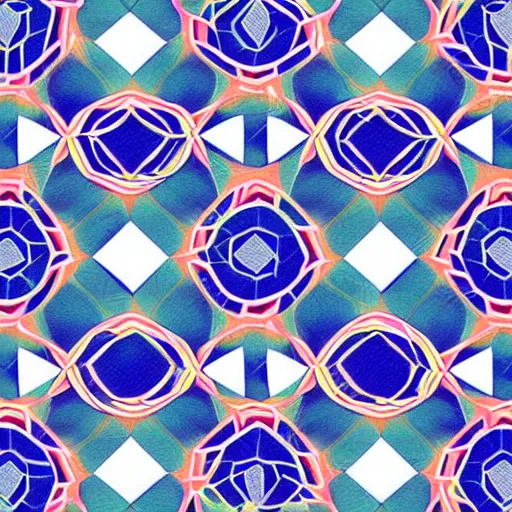 Prompt: Print of white geometric pattern shapes, colorful background gradient