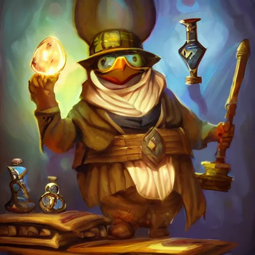 Prompt: Magic the gathering artwork of Anthropomorphized penguin shopkeeper in his shop, shelves full, selling a gem, portrait, items, magic potions, specimens in glasses, carpet, window, fancy funny hat, sly expression , cunning expression, cute expression, presenting magic gem, D&D, fantasy, cinematic lighting, highly detailed, digital painting, artstation, concept art, smooth, sharp focus, illustration, warm light, cozy warm tint, magic the gathering artwork, volumetric lighting, 8k, no gold, no gold colours, art by Akihiko Yoshida and Greg Rutkowski