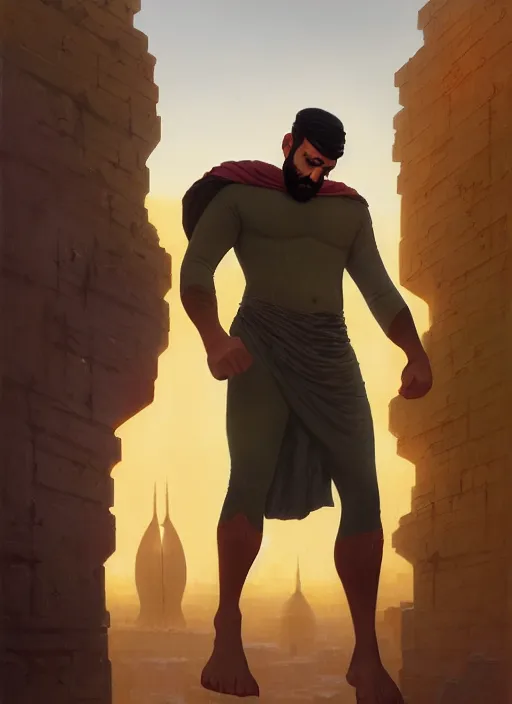 Image similar to highly detailed portrait arab man superhero, fighter, yellow charcoal, stephen bliss, 8 k, unreal engine, fantasy art by greg rutkowski, loish, rhads, ferdinand knab, makoto shinkai and lois van baarle, ilya kuvshinov, rossdraws, tom bagshaw, global illumination, radiant light, detailed and intricate environment