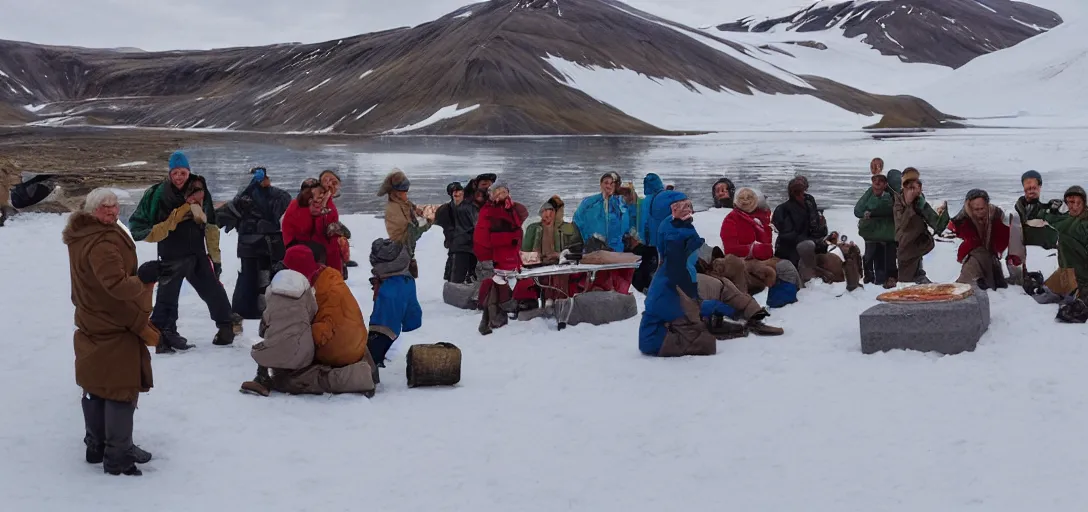 Prompt: people eating a pizza by the seed vault in Svalbard, 80s style, smiling maniacally, 8k, james gurney, greg rutkowski, john howe, artstation