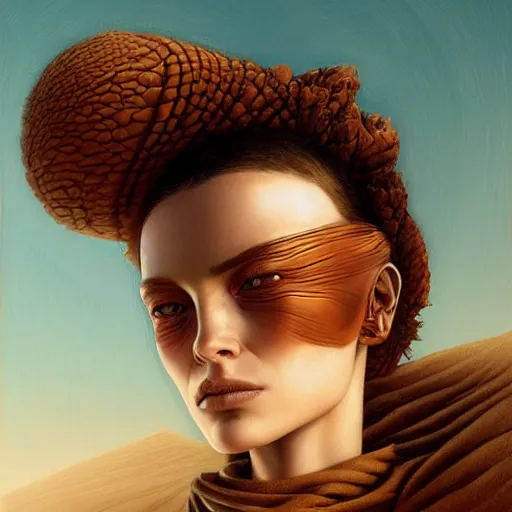 Image similar to a stunning hyperrealistic character from the movie Dune walking through an arid minimalistic desert with harsh noon sunlight, award-winning, masterpiece, in the style of Tom Bagshaw, Cedric Peyravernay, Peter Mohrbacher