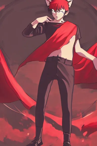 Image similar to little boy with cat ears in an black outfit with red cape. digital artwork made by lois van baarle and kentaro miura, sharpness focus, inspired by hirohiko araki and film noir, anatomically correct, heroic composition, hero pose, smooth