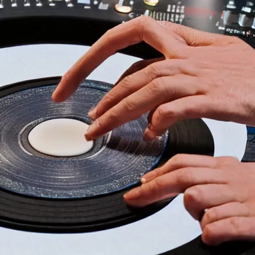 Image similar to a disc jockey is scratching with his hand on an Israeli pita bread on a turntable, wide shot