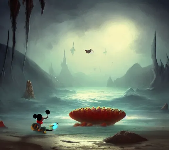 Image similar to Mickey Mouse sitting on a terrifying beach with giant scary sea creatures, monsters, dark, dim, nightmarish, digital painting, in the style of raphael lacoste, super detailed, artstation