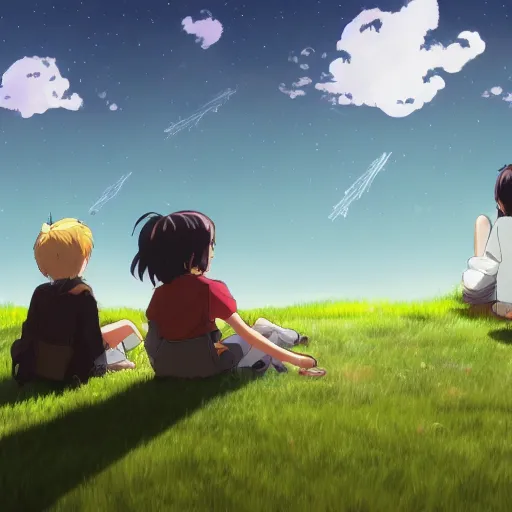 Prompt: detailed digital drawing of a few children sitting on a grass field look at distant spaceships shooting weapons in the sky, anime by Makoto Shinkai