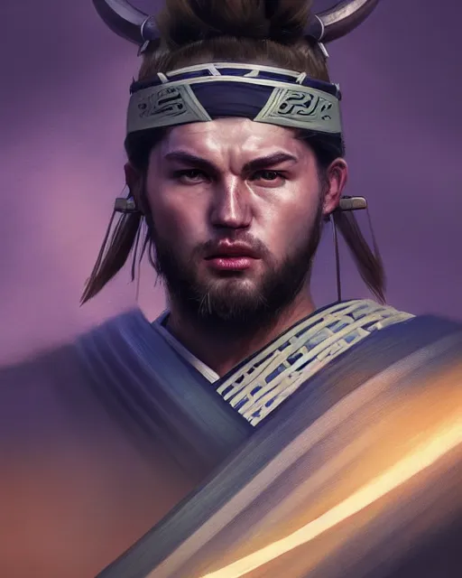 Prompt: face portrait of luka doncic as a muscular ronin samurai, wearing a haori, by wlop and peter mohrbacher, dramatic action pose, extremely detailed shading, concept art, digital painting, trending on artstation, unreal engine 5, octane render, atmosphere, glow, cinematic lighting, full of color