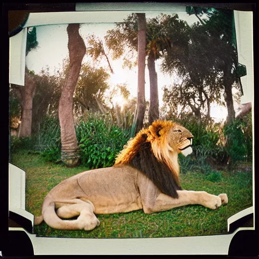 Image similar to photograph of a polaroid of a lion loose at the san diego zoo, tourists in background, bokeh, high definition, slr, golden hour, realistic skin