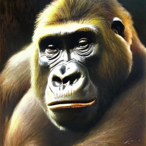 Image similar to highley detailed potrait of a gorilla, painting by gaston bussiere, craig mullins, j. c. leyendecker, lights, art by ernst haeckel, john william godward, hammershøi,