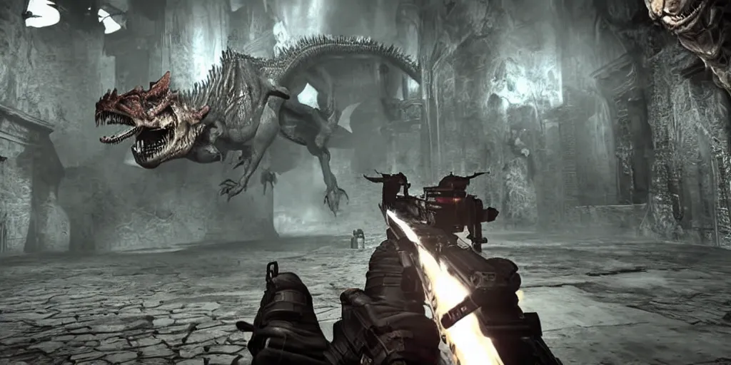 Prompt: Gameplay footage of a first person game with the player shooting a creepy grotesque dragon, designed by H.R Giger and Kojjima, amazing graphics