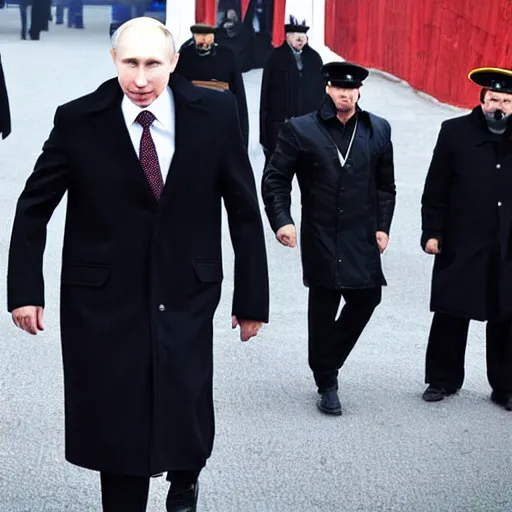 Image similar to putin wearing a long black leather hat, cinematic style, front view, cool looking