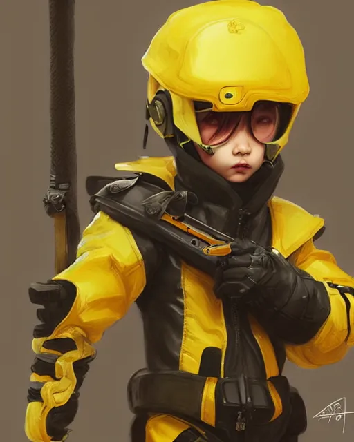 Image similar to a tiny combat kid wearing a puffy yellow jacket and a katana, smooth, intricate, elegant, digital painting, artstation, concept art, sharp focus, octane render, illustration, art by ayami kojima, overwatch character,