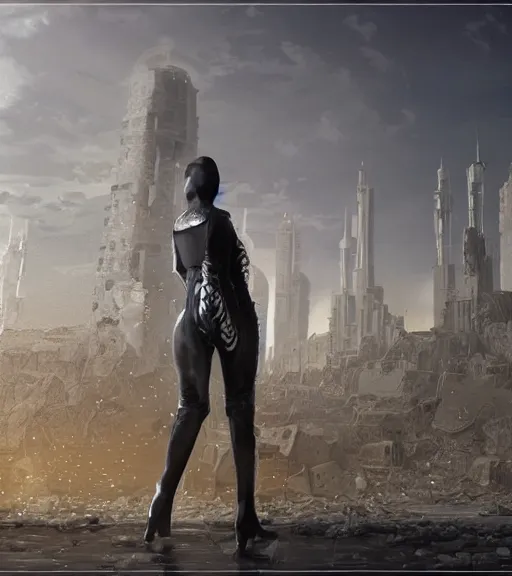 Image similar to tarkovsky greatest scene, the ancient destroyed majestic tower of babylon, woman in futuristic cyber clothing, transparent puffer jacket, hyper realistic, blockchain, cyber world, ambient lighting, concept art, intricate, hyper detailed, smooth, dynamic volumetric lighting, octane, ray trace, cinematic, high quality, high resolution, 4 k, cgsociety