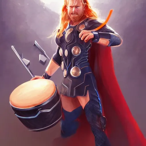 Image similar to thor playing the bongos, comic style by guweiz and stanley artgerm, extremely high quality artwork, very detailed, trending on artstation