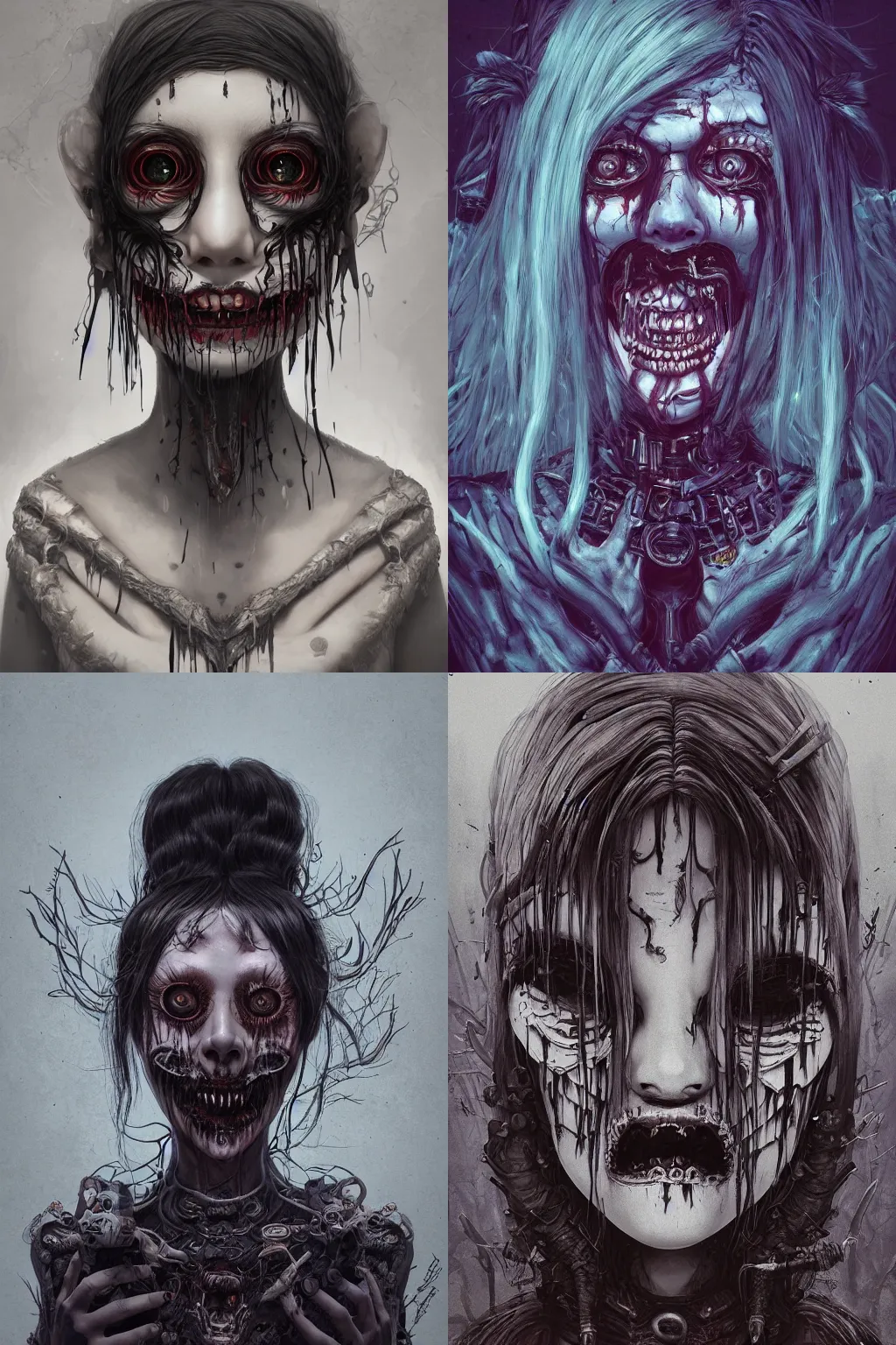 Image similar to portrait of a creepy horror punk girl . intricate abstract. intricate artwork. nightmare fuel. terrifying. by Tooth Wu, wlop, dan mumford , trending on artstation, greg rutkowski very coherent symmetrical artwork. cinematic, hyper realism, high detail, octane render, 8k