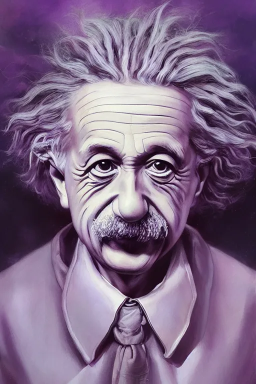 Image similar to breathtakingly beautiful painting of an elegant albert einstein, beautiful hair, symmetrical face, moonlit purple sky, matte painting by brian froud, shaun tan, wlo and peter mohrbacher, highly detailed, intricate,, award winning artwork, trending on artstation, high quality printing, fine art with subtle redshift rendering