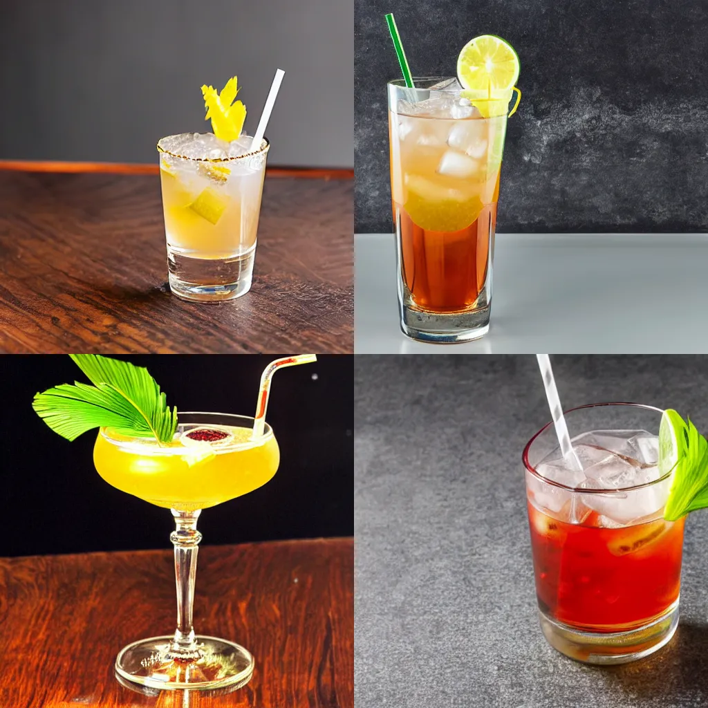 Prompt: Caribbean, table, cocktail in an engraved glass, with a straw, glass with rum, cola and a palm leaf on the rim of the glass