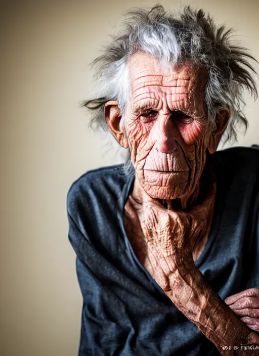 Image similar to DSLR photo portrait still of 132 year old age 132 Keith Richards at age 132!!!, 85mm f1.8