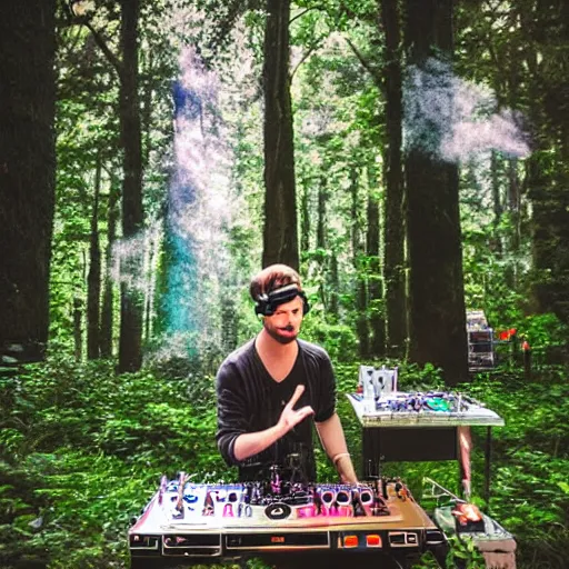 Prompt: angelic dj playing turntables in a rave party at a magical forest