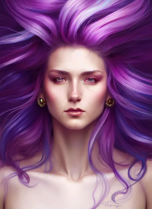 Image similar to Portrait of a woman with bright colored flying hair, all shades of purple. Hair coloring, amber eyes, face, long hair, fantasy, intricate, elegant, highly detailed, digital painting, artstation, concept art, smooth, sharp focus, illustration, art by artgerm and greg rutkowski and alphonse mucha