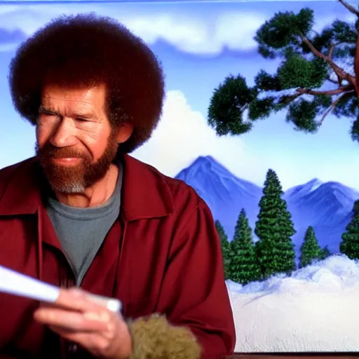 Image similar to a closeup photorealistic photograph of bob ross working on a canvas painting of elmo. film still. brightly lit scene. mountains and trees. this 4 k hd image is trending on artstation, featured on behance, well - rendered, extra crisp, features intricate detail, epic composition and the style of unreal engine.