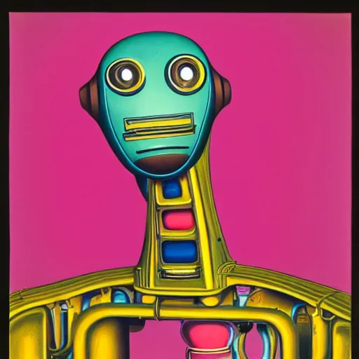 Image similar to a colorful painting by m. c. escher of a happy robot head with flowers growing out of the top