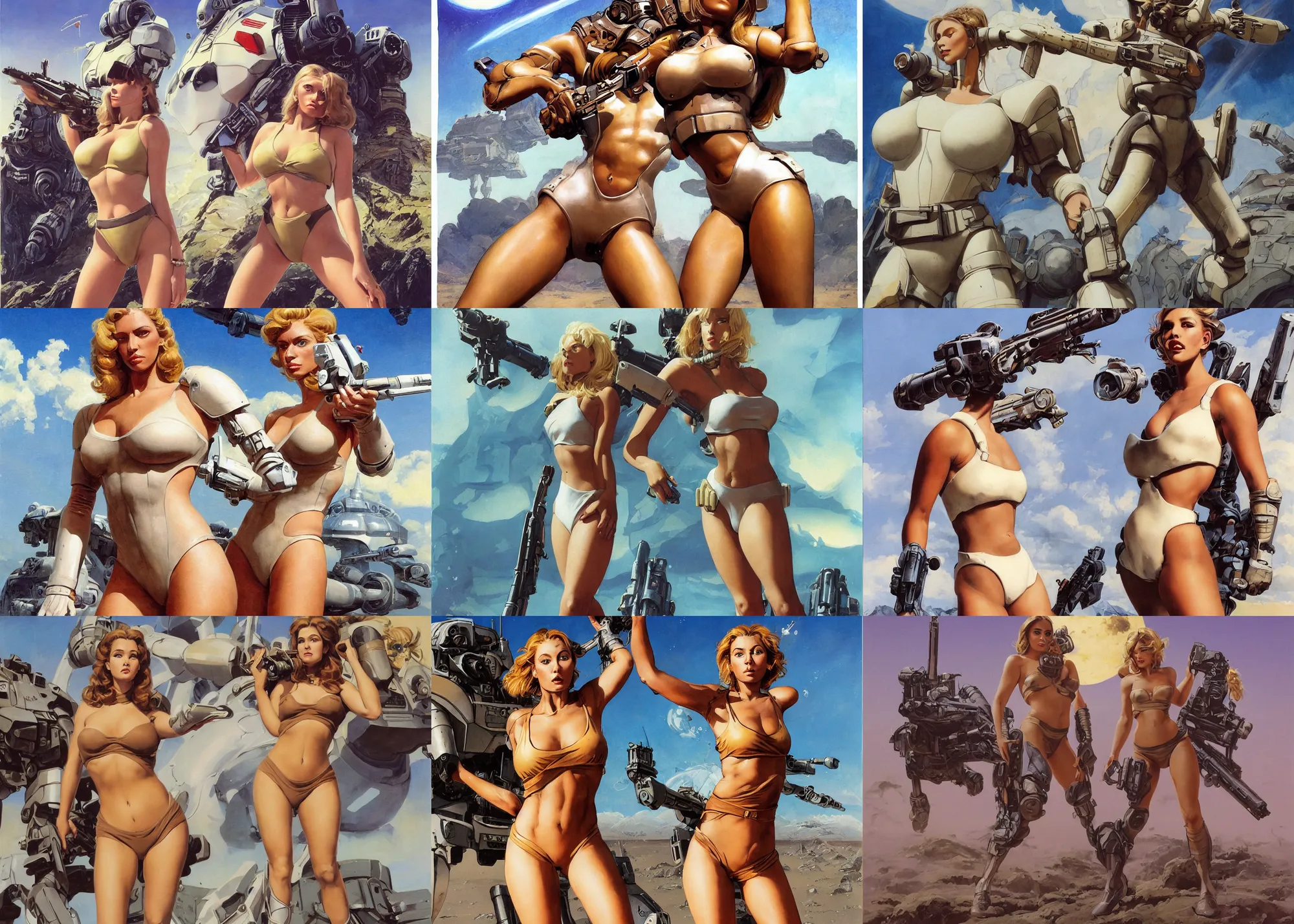 Prompt: A mixed media portrait painting of a very beautiful light-brown-haired woman on an alien planet, very curvy, aesthetic! high-waisted white-bikini-armor and boots, starship-troopers-rifle, aesthetic symmetrical face and eyes, model, wet, pacific-rim-mech in background, by Frank Frazetta, Boris Vallejo, Beeple, Greg Rutkowski, Christian MacNevin, eighties pinup style, epic fantasy character art, high fantasy, CGsociety, exquisite detail, post-processing, masterpiece, cinematic