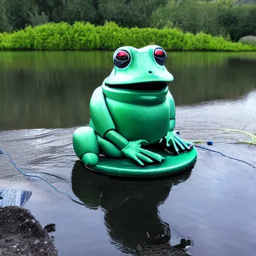 Prompt: robotic frog designed to test for pollution levels in lakes and ponds