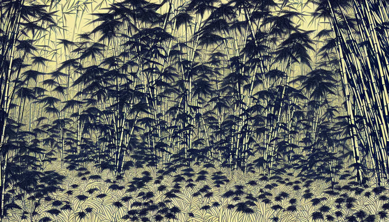 Prompt: bamboo and fern forest by woodblock print, nicolas delort, moebius, victo ngai, josan gonzalez, kilian eng