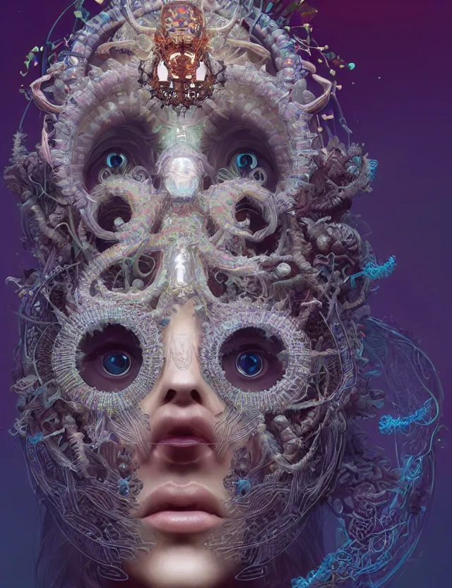 Image similar to symmetrical, centered, goddess close-up portrait wigh crown made of skulls. betta fish, phoenix, bioluminiscent creature, super intricate ornaments artwork by Tooth Wu and wlop and beeple and greg rutkowski