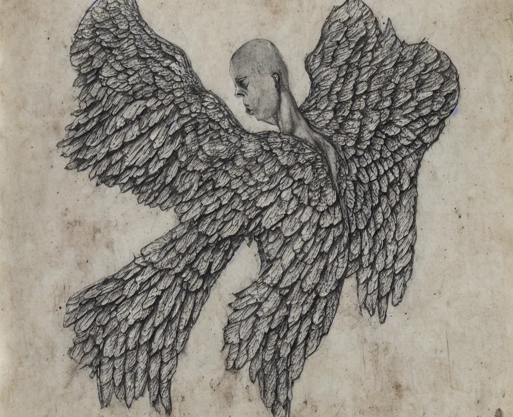 Image similar to ancient majestic, regal, humanoid creature, fantasy, angel wings, torso and head, bust, musculature, diagram, sketchbook, greys anatomy book, etching, intaglio, on old distressed parchment paper,