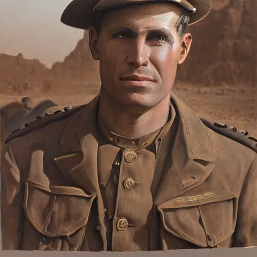 Image similar to a detailed photorealistic sepia - toned color portrait painting of a 1 9 1 7 worried clean - shaven british lieutenant in field gear from the arab bureau in wadi rum, ultra realistic, intricate details, atmospheric, dark, brooding, highly detailed, by clyde caldwell