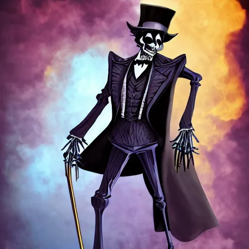 Image similar to DND character, skeleton, Tall skeletal figure, wearing a deep black suit and tie and top hat. golden cane in his right. Light blue flames envelop his whole body