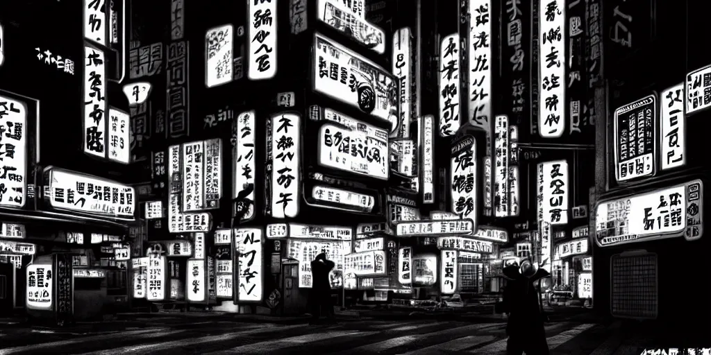 Prompt: Noir Cyberpunk Tokyo with neon signs in Japanese in Monochrome. Symbolism, Detailed Art, 8K, Epic, Dynamic Light.