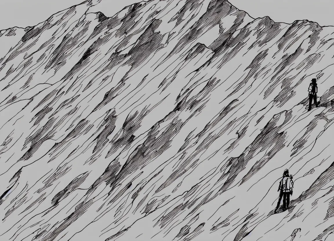 Image similar to backpacker standing on ridgeline in utah, minimalist line art by moebius, clean long lines, ultra detailed