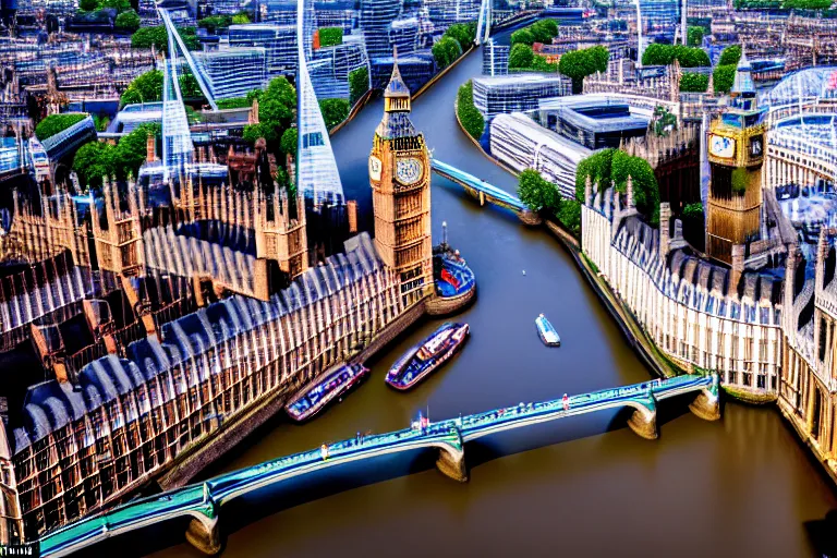 Image similar to an aerial view of a london city with a river running through it, a tilt shift photo by christopher wren, featured on cg society, new objectivity, uhd image, tilt shift, high dynamic range