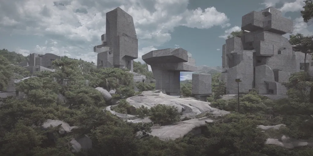 Image similar to 3d painted landscape with a single small yugoslavian brutalism monument in the center by james jean, redshift, octane