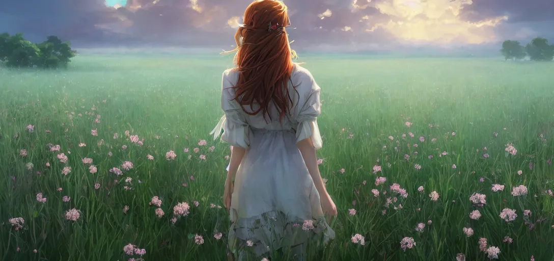 Image similar to a beautiful southern woman named Savannah, innocent, somber turquoise eyes, freckles, long ginger hair tied with white ribbon, relaxed in a field of flowers on a farm, gentle lighting, storm in the distance, western clothing, dress, digital art by Makoto Shinkai ilya kuvshinov and Wojtek Fus, digital art, concept art,