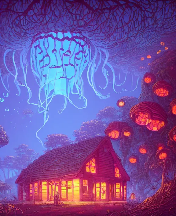 Prompt: an enormous schoolhouse made from jellyfish, overgrown with huge bioluminescent exotic fungus, deep in the woods, noon, sun drenched, partly cloudy, by dan mumford, yusuke murata, makoto shinkai, ross tran, cinematic, unreal engine, cel shaded, featured on artstation, pixiv