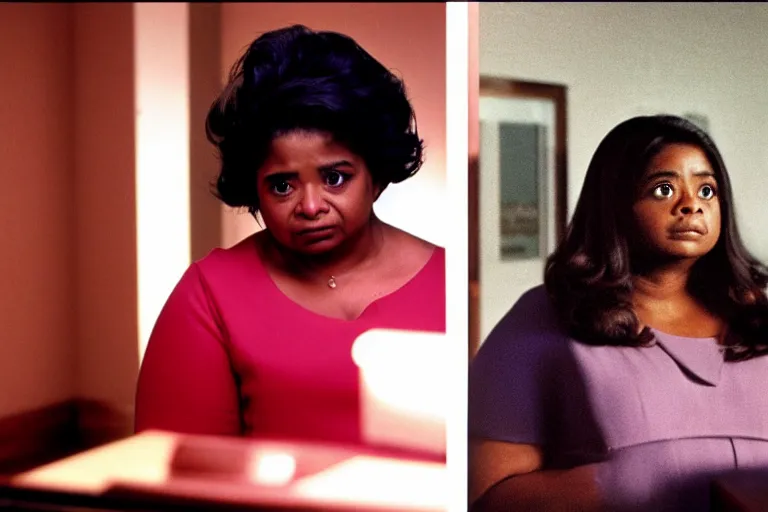 Prompt: cinematic shot from a 1 9 8 5 paranoid thriller, screenshot of octavia spencer confronts at senator joe manchin's ear, in the near future, motel room film directed by stanley kubrick, color theory, anamorphic lenses, beautiful cinematography, leading lines, photorealistic, volumetric lighting, 4 k