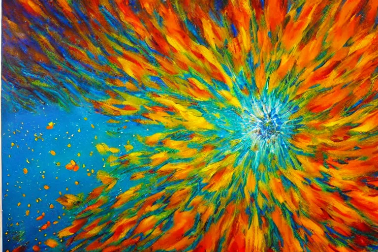 Prompt: oil painting, close-up of giant flower explosion, clean blue sky, in style of 80s sci-fi book art