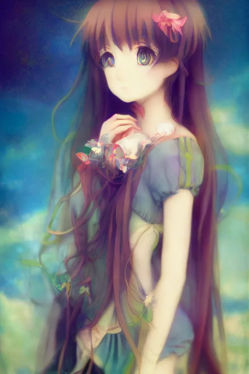 Image similar to pre-raphaelite cute anime girl with dark rainbow, blurred detail, photo by Annie Leibovitz, Anton Fadeev