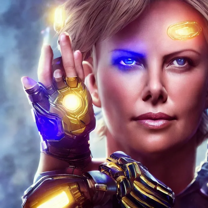 Prompt: portrait of ((Charlize Theron)), wearing The Infinity GAUNTLET. infinity gauntlet. intricate artwork. octane render, trending on artstation, very coherent symmetrical artwork. avengers. thanos. cinematic, hyper realism, high detail, octane render, 8k, iridescent accents