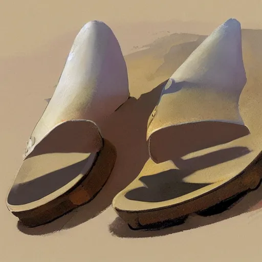 Prompt: a concept art of a well used flip flops for walking in the mountain, by Craig mullins, Steve Purcell, Ralph McQuarrie centered image, no background