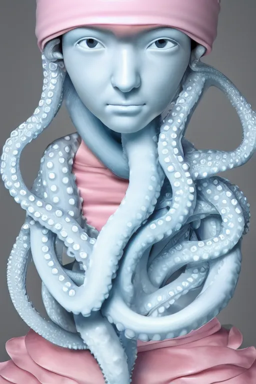 Image similar to full head and shoulders, beautiful porcelain female person, smooth, delicate facial features, big detailed eyes, white lashes, wearing a pale blue swimming cap and pale pink swimming costume, 3 d white large octopus tentacles by daniel arsham and james jean